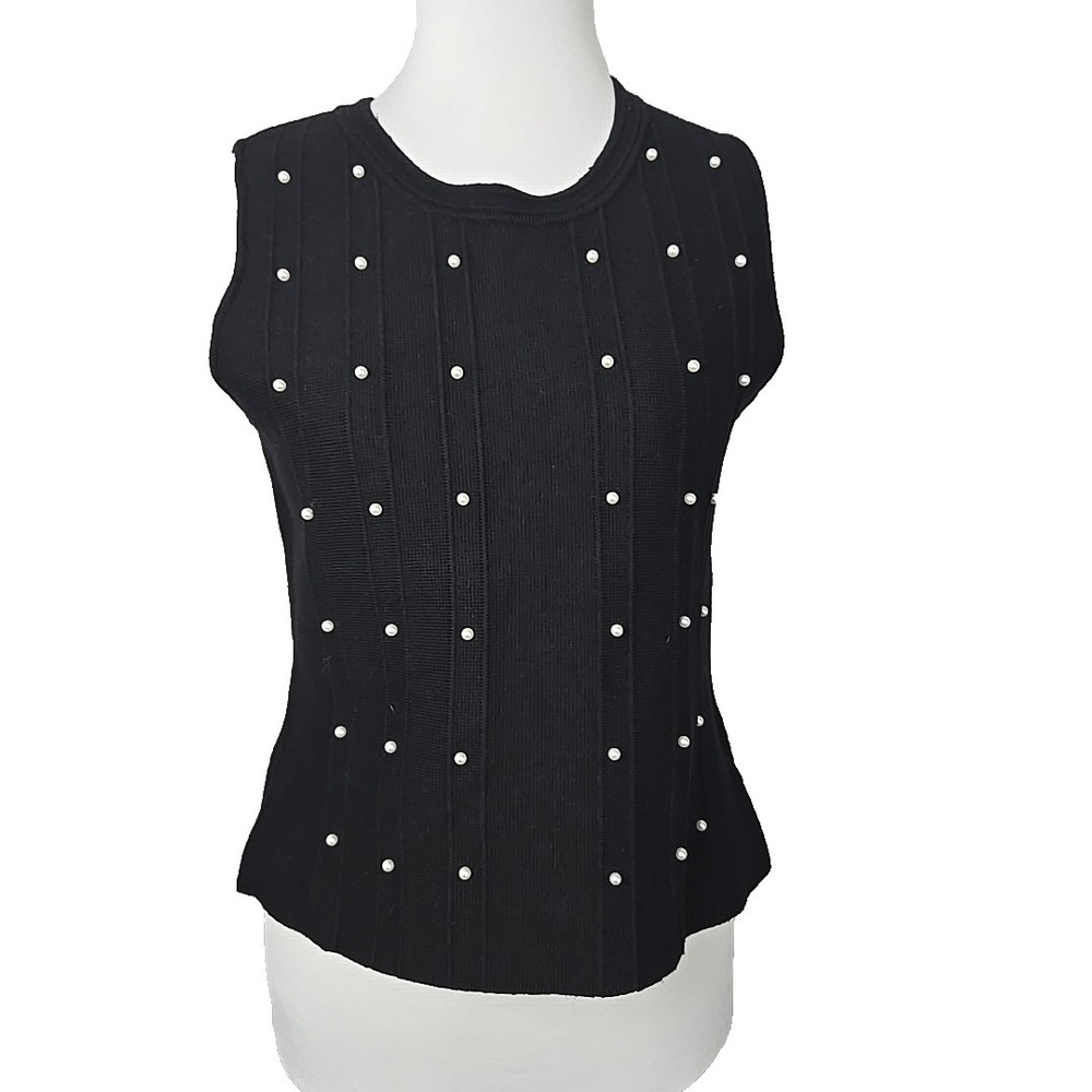 Tahari Black Ribbed Knit Pearl Accent Sleeveless Crop Sweater Top LARGE $68